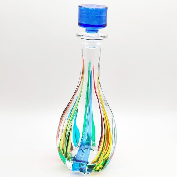 CC Zecchin Venezia Art Glass Rainbow Decanter Cobalt Stopper Italy Signed 12" - Picture 4 of 14